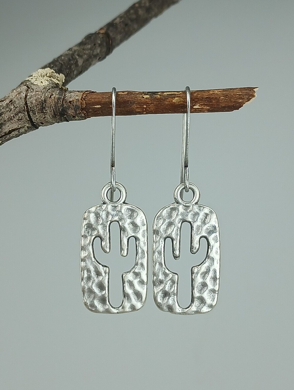 Hammered Silver Cactus Earrings Southwest Desert Jewelry Handcrafted - Picture 3 of 6